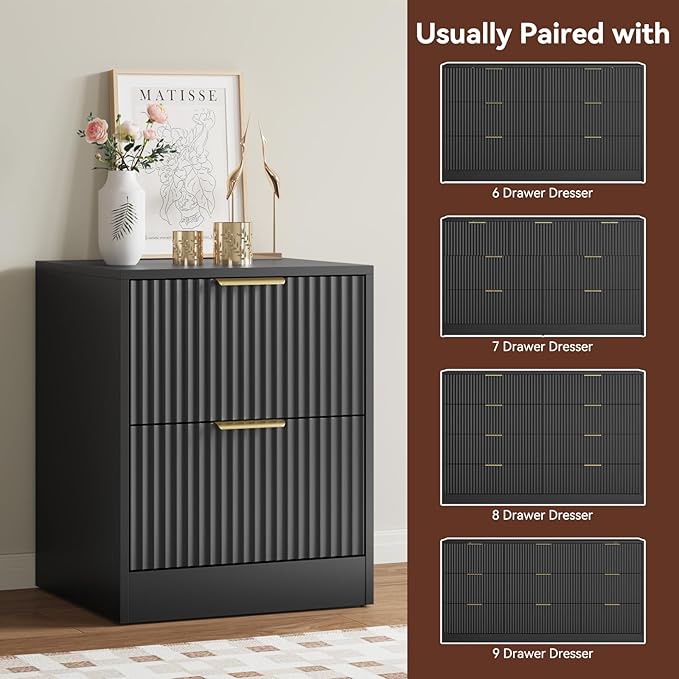 9 Drawer Dresser & Nightstand Set 3-Piece, 63” Wide Fluted Bedroom Dresser Set Night Stand Set of 2 with Metal Handle, Modern Wood Chest of Drawers Storage Dressers Set for Bedroom, Black