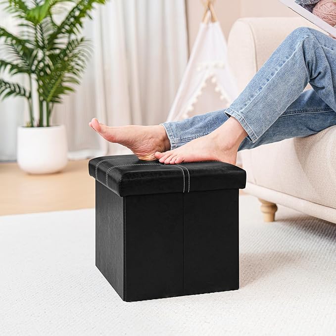 B FSOBEIIALEO Folding Storage Ottoman Cube, Faux Leather Footrest Seat Coffee Table, Black 16.5"x12.6"x12.6"