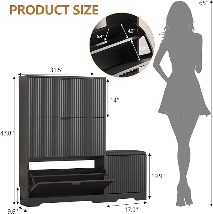 Shoe Cabinet Storage for Entryway with 4 Flip Drawers, Black Fluted Shoe Cabinet with Bench, Wooden Hidden Shoe Rack Freestanding Narrow Slim Shoes Storage Organizer for Hallway, Entrance