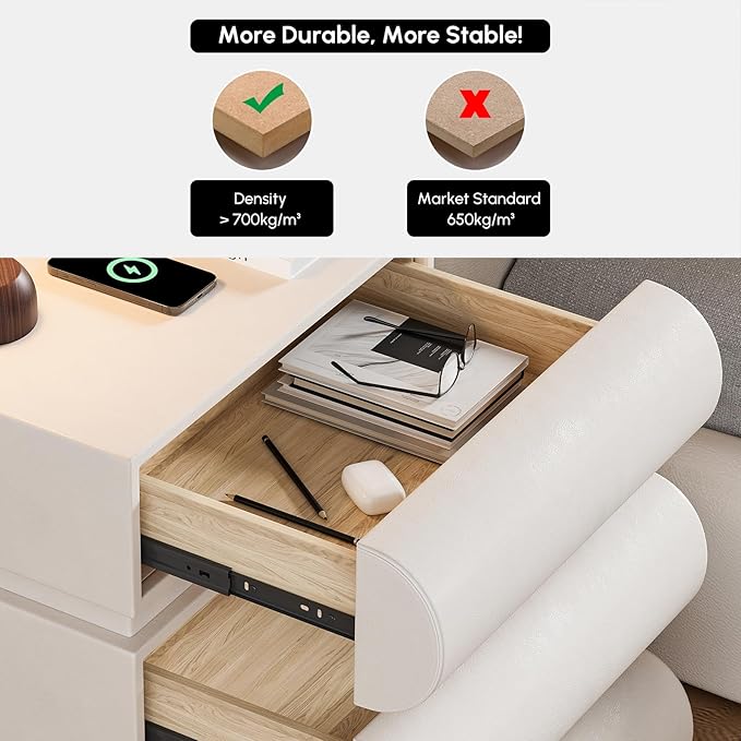 homary Smart Nightstand with Wireless Charging, USB & Type-C Ports – Modern Off White Faux Leather Nightstand with 3 Drawers, Bedside Table with Charging Station for Bedroom