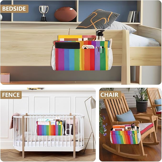 Bedside Caddy Hanging Bunk Bed Caddy Bed Organizer Hanging Pocket with 2 Hooks Bedside Storage Organizer Pocket Bag Holder Vibrant Colorful Stripes
