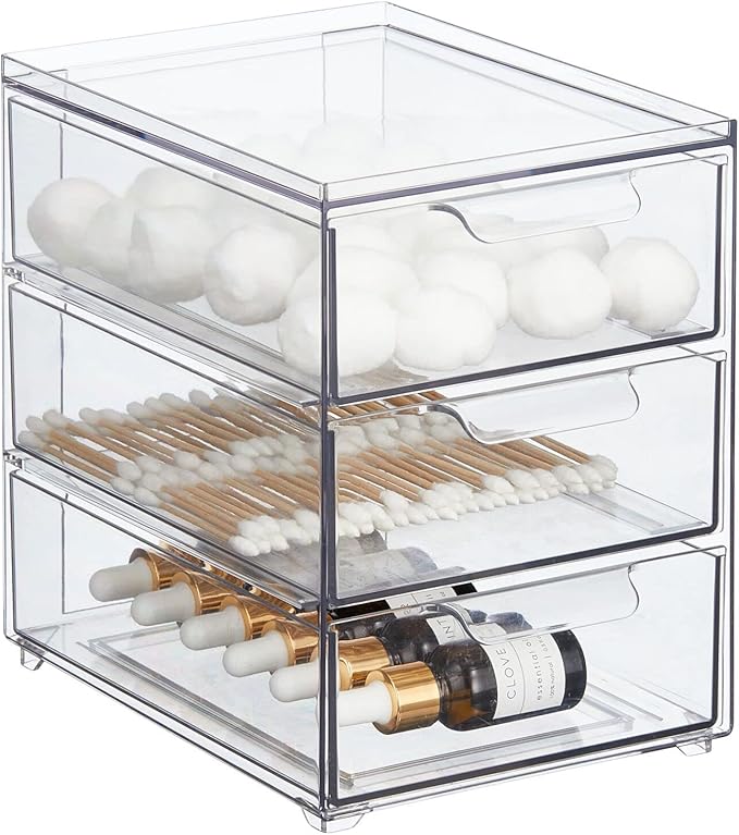 mDesign Plastic Stackable Organizer with 3 Drawers - Pull-Out Drawer Storage Bin for Bathroom Sink/Cabinet Organization - Perfect for Makeup, Small Towels, and More - Lumiere Collection, Clear