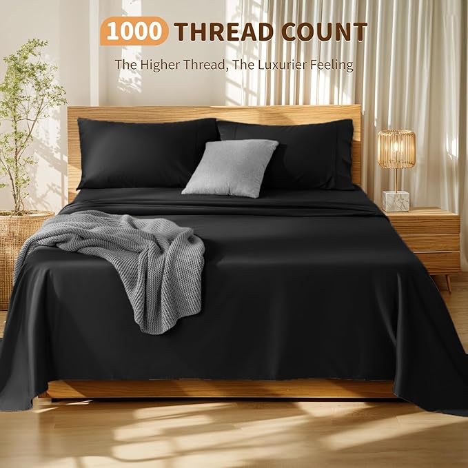 LBRO2M 100% Cotton Sheets Set Deep Pocket 19", 1000 Thread Count Full Size 4 Piece Bed Sheet Sets Soft Comfortable Bedding All Season (Full, Black)