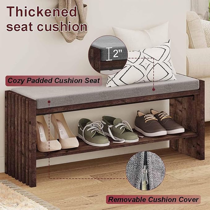BON AUGURE Shoe Bench with Storage, Entryway Bench with Cushion & 2-Tier Shoe Rack, Modern Ottoman Storage Bench for Mudroom, Hallway, Bedroom (Rustic Oak, 40 Inch Wide)