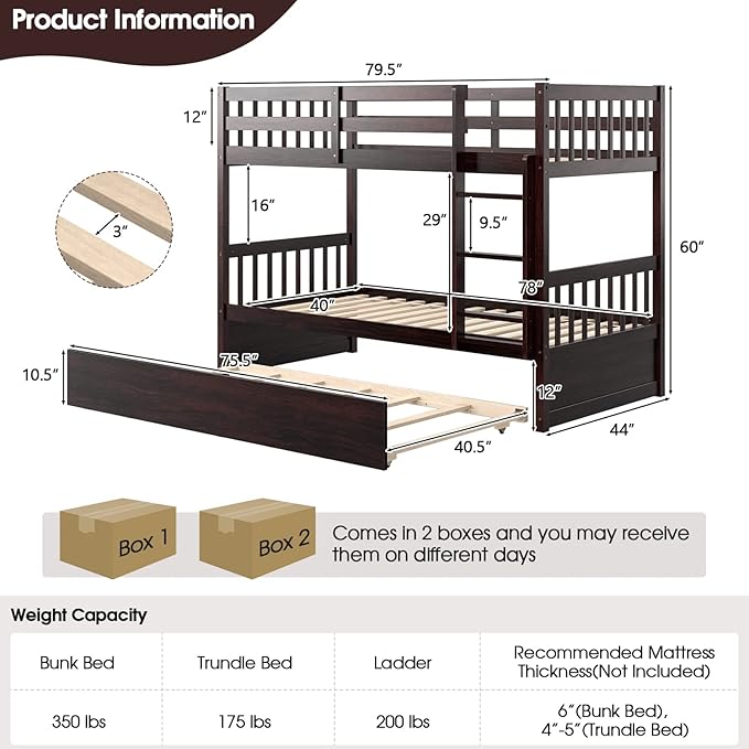 Giantex Twin Over Twin Bunk Bed with Trundle, Convertible Platform Bed Frame with Ladder & Solid Wood Frame, Space-Saving Bunk Bed for Teens & Adults, No Box Spring Needed, Espresso