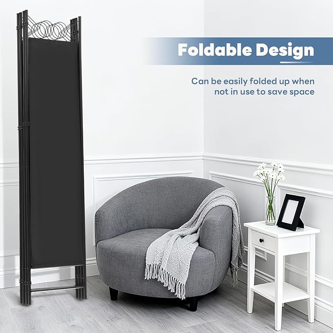 DUMOS 4 Panel Partition Room Divider, 6 Ft Tall Folding Privacy Screen, Freestanding Partition with Steel Frame, Easy Move & Storage, for Home, Office, Bedroom, Black
