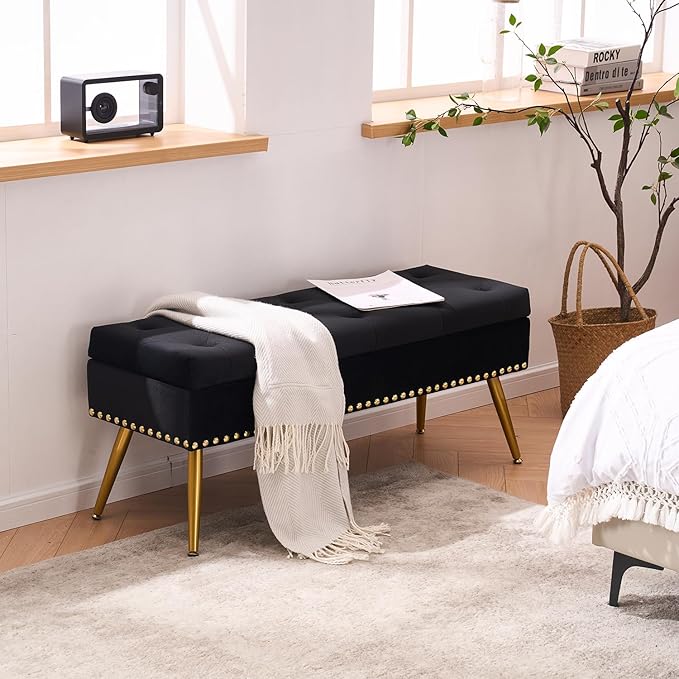 Velvet Storage Bench with Gold Legs& Nailhead Trim, 40" Wide Upholstered Modern Bedroom Bench for End of Bed, Tufted Ottoman for Entryway Living Room Dining Room (Black, 40" Wide)