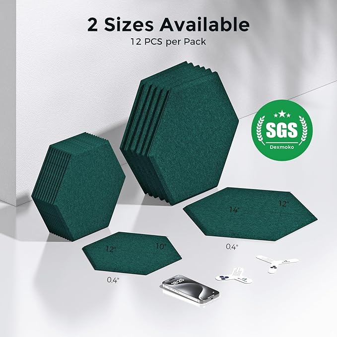 Self-Adhesive Acoustic Panels [390 lbs/yd³ Ultra-High Density], 2nd Generation Sound Absorbing Panel, Professional Level Sound Panel, Polyester Soundproof Foam [Size M, Dark Green]