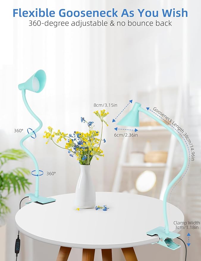 Clip on Light USB Reading Light, Eye Care Dimmable Reading Lamp Flexible Gooseneck Clip on Lamp for Bed Headboard Desk Bedside Dorm - Teal