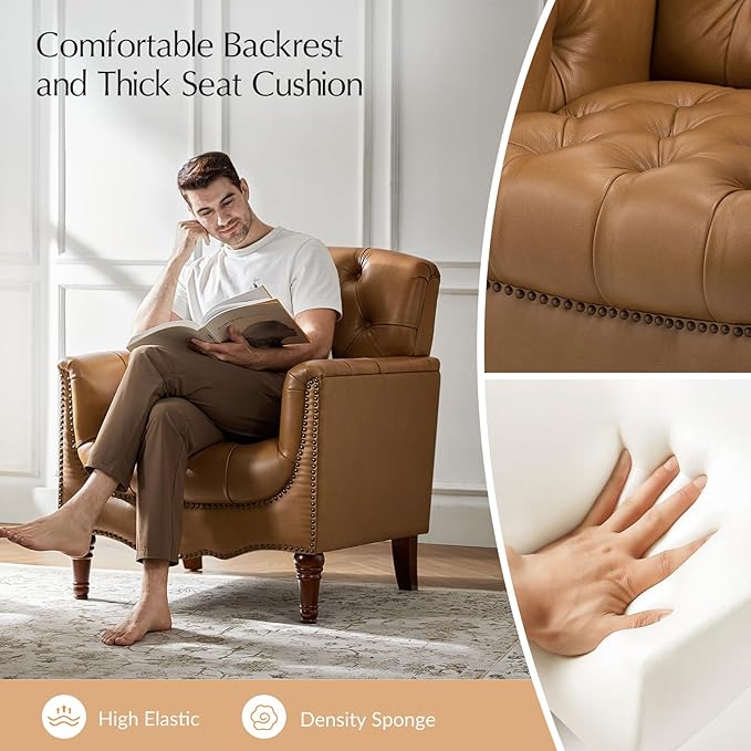 HULALA HOME Mid Century Modern Leather Club Chairs, Top-Grain Genuine Leather Armchairs with Button-Tufted Back & Solid Wood Legs, Accent Chairs for Living Room/Bedroom/Home Office, Camel