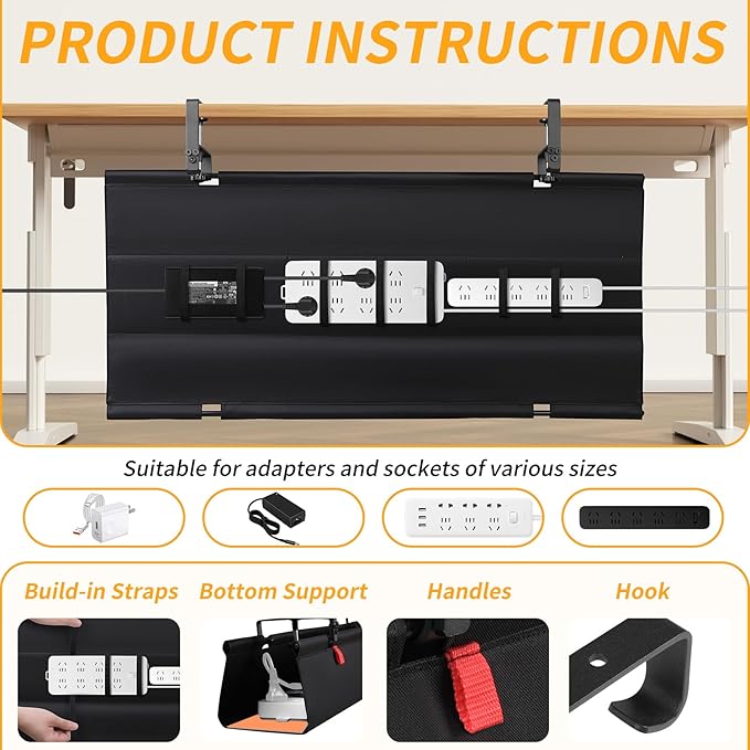 No Drill Under Desk Cable Management Tray, 36" Cord Organizer with Clamp, Fabric Cable Management for Standing Desks, Ideal for Home & Office - Black