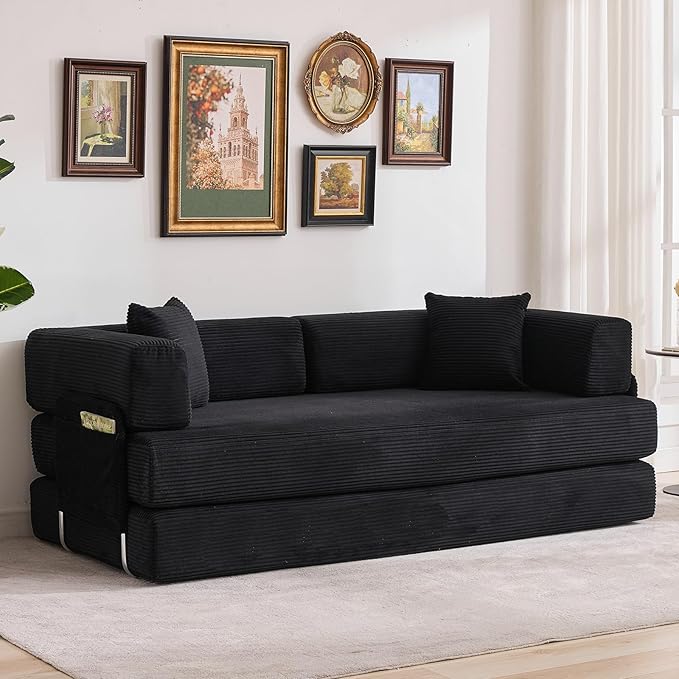 Garvee 5-in-1 Convertible Sofa Bed, 78.8" Modular Corduroy Sleeper with Sturdy Frame & No Assembly, Multi-Functional Futon for Small Space, Living Room & Guest Room (Black)