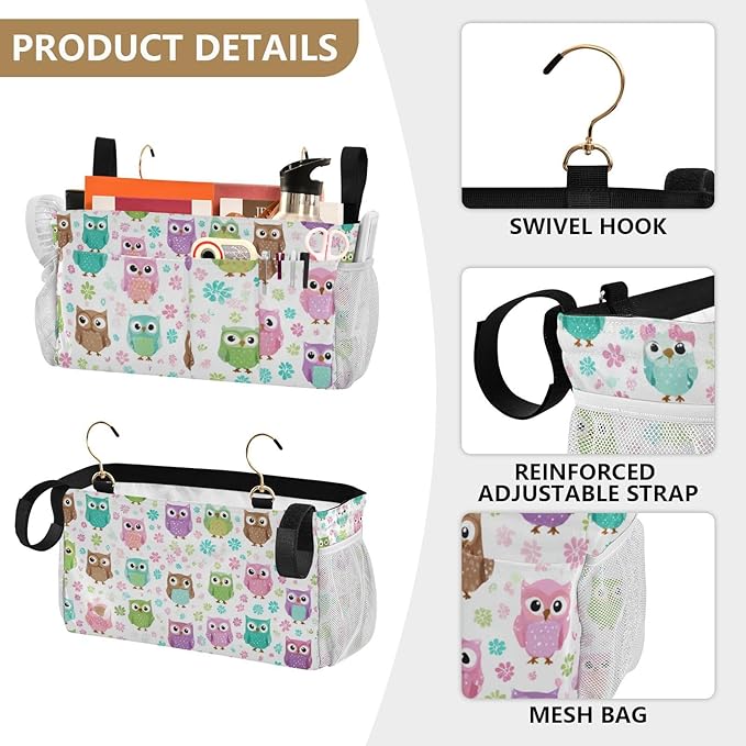 Bedside Caddy Hanging Bunk Bed Caddy Bed Organizer Hanging Pocket with 2 Hooks Bedside Storage Organizer Pocket Bag Holder Colorful Owls and Flowers