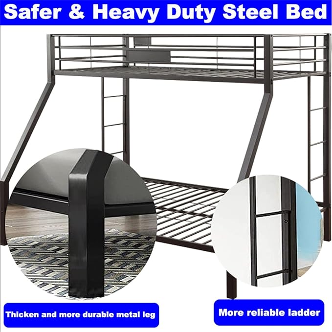 Upgraded Version Thicken Metal Heavy-Duty Twin XL Over Queen Bunk Bed, Best Modern Style Stronger Twin Over Queen Size Bunk Bed with Ladder for Adults, Easy Assembly (Twin XL Over Queen-A)
