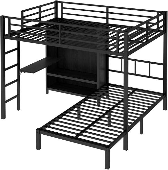 Full XL Over Twin Metal Bunk Bed with Folding Desk, Closet LED,Space-Saving/Noise Reduced, Black Modern Style Multi-Functional Storage Needs Space-Saving Noise Reduced