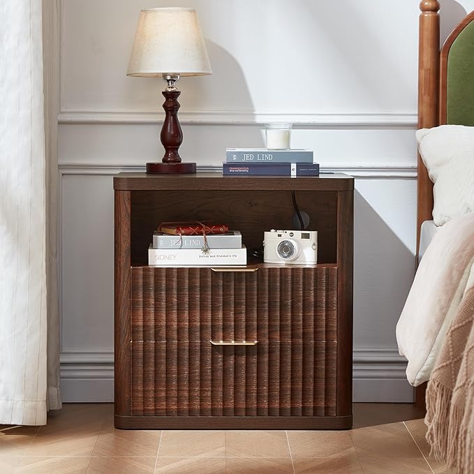 LEYAOYAO Fluted Farmhouse Nightstand Set of 2 with Charging Station, 23" Wide 2 Drawers Night Stand,Walnut Dresser for Bedroom,Bed Side Table Chest of Drawers,Wood End Table for Living Room