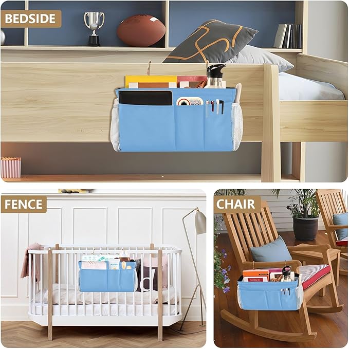 KOPIRIT Lake Blue Bedside Caddy Storage Bag Bedside Organizer for Dorm Room Top Bunk Bed Bedside Shelf Hanging Organizer 6 Pockets with Hooks for Glasses Book Tablet Holder
