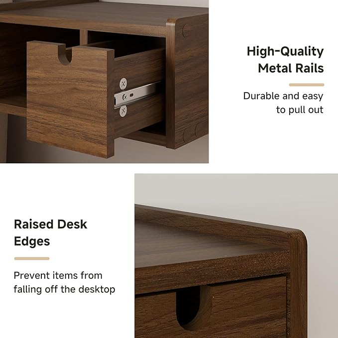 Floating Nightstand Wall Mounted, Walnut Bedside Table with Drawer, Open Cubby & Reversible Side Shelf, Space-Saving Floating End Table for Bedroom/Living Room (Walnut)