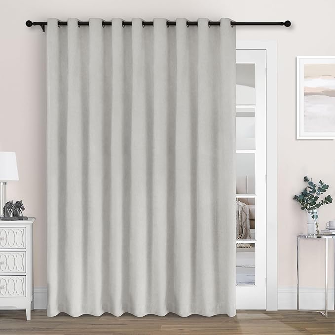 Macochico Extra Wide 100% Blackout Chenille Curtains 100" Wx96 L Thermal Drapes for Sliding Door Living Room Bedroom Auditorium Hotel White Curtains Grommet Top with Tieback Classic 1 Panel