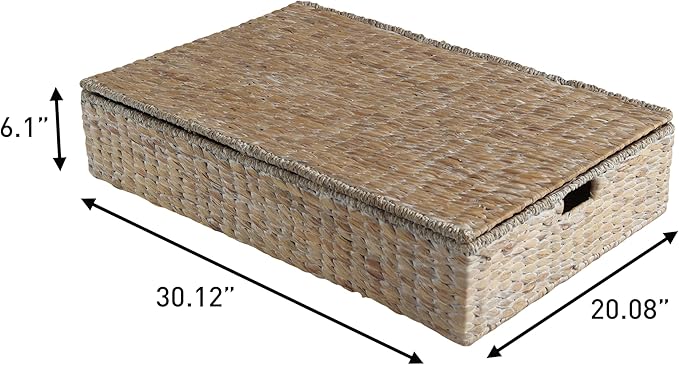 happimess BSK2015D-SET2 Holden 30" Classic Costal Hand-Woven Hyacinth Wicker Under Bed Storage Basket with for Storage and Decoration in Bathroom, Bedroom, Closet, Entryway, White Wash (Set of 2)