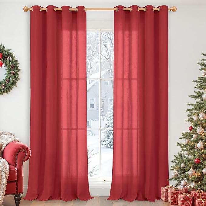 YoungsTex Red Linen Curtains 84 Inches Long for Living Room, Light Filtering Drapes with Grommet Semi Sheer Privacy for Christmas Bedroom Dining Room, 2 Panels, 52 X 84 Inch