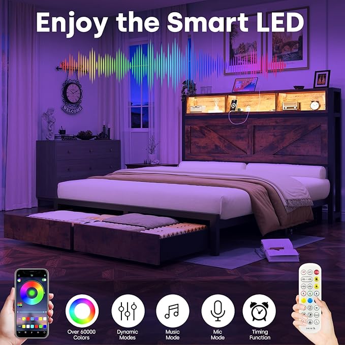 Farmhouse Queen Bed Frame with Bookcase Storage Headboard, Charging Station, LED Light and 2 Storage Drawers, Noise Free, No Box Spring Needed, Brown
