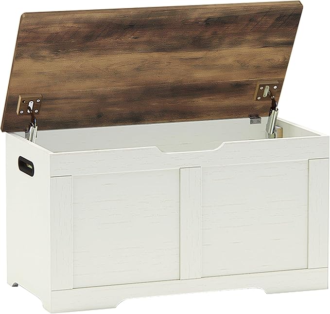 Timberer 31.5" Storage Chest, Wooden Storage Bench, Lift Top Toy Chest with 2 Safety Hinges, Large Toy Box, Entryway Shoes Bench for Living Room, Bedroom, Brown and Rustic White