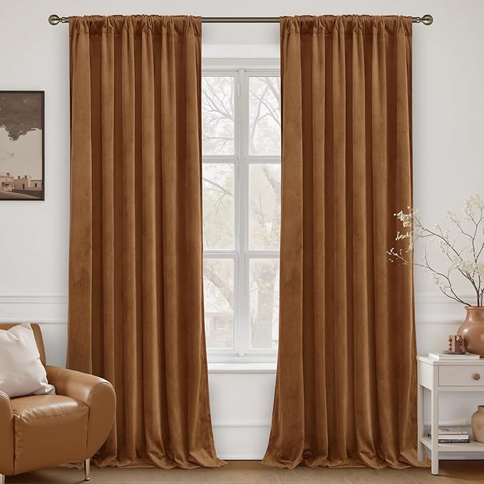 LAMIT Bronze Brown Velvet Curtains for Living Room 84 Inches Long, Luxury Thermal Blackout Drapes Mid Century Room Darkening Back Tab and Rod Pocket Panels for Bedroom, 2 Panels, 52 x 84 Inch