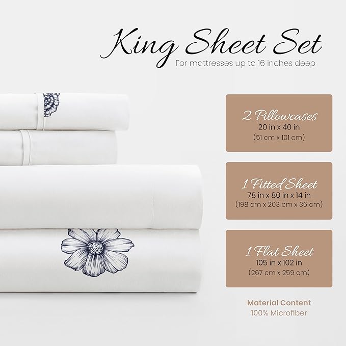 Linen Market Patterned Microfiber King Sheet Set 4 Piece – Oeko-TEX Certified Ultra Soft & Wrinkle-Free - 16" Deep Pocket Sheets - Easy Care King Size - Indigo Flowers Navy