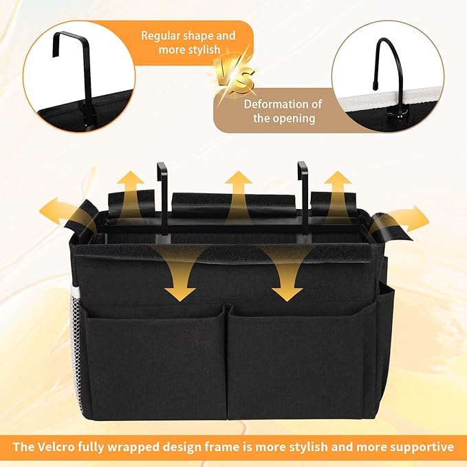 Bedside Storage Organizer 5 Pockets with 4 Hooks Hanging Storage Bag for Headboards/Bunk Bed (Black)