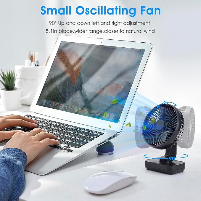 Digibond Oscillating Fan 5.1in Small Wall Mounted Oscillating Desk Fan Auto 90° Rotated Quiet 4 Speeds 4500mAh Rechargeable Battery Powered Cordless USB Fan for Indoor/Outdoor/Bedroom(Black)