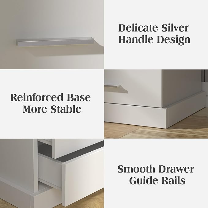 Halitaa Nightstand with Charging Station, LED Lights Side Table with 3 Drawers, End Table for Bedroom Ofiice White 2 Set