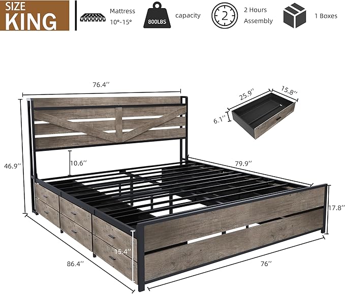 King Size Wooden Bed Frame with 12 Storage Drawers and Headboard, Farmhouse Platform Bed Frame with Charging Station, No Box Spring Needed, Stable and Solid, Noise Free. (Oak, King)