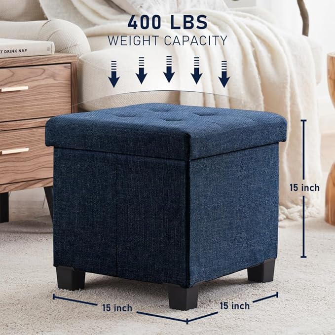 Ornavo Home 15 Inch Folding Storage Ottoman with Storage, Square Cube Linen Small Storage Ottoman Foot Rest Stool with Legs - Navy Blue