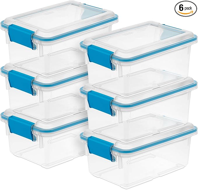 Sterilite 6-Pack Gasket Box, Weather-Resistant Storage Bins with Latching Lids, 7.5 Quart - Heavy-Duty Organizing Containers for Closet, Bathroom, and Office