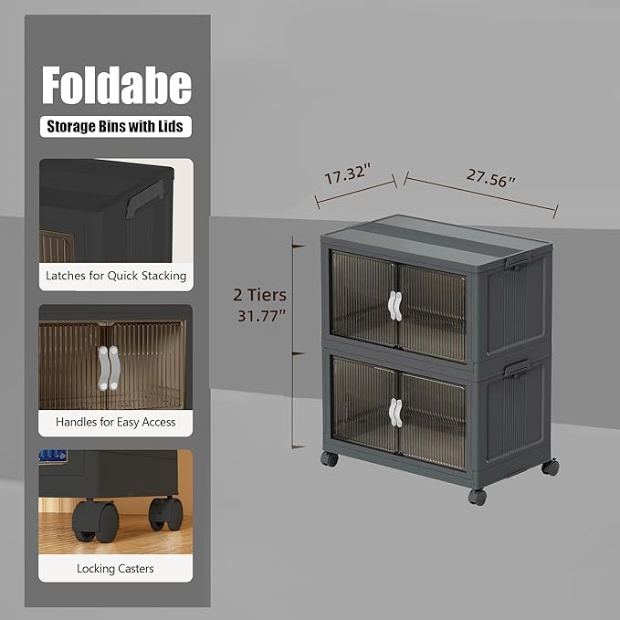 Stackable Storage Bins,Plastic Storage Bins with Lid and Wheels, Collapsible Storage Containers with Magnetic Doors, Foldable Storage Boxes for Home, Pantry, Office (L, Gray 2-Tier)