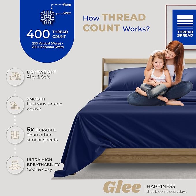 THREAD SPREAD Twin XL Sheet Sets Cotton - 400 Thread Count 100% Cotton XL Twin Sheets, 3 PC (Navy Blue), Luxury Soft, Breathable, Cooling, Extra Large 16" Deep Pocket Sateen Bedsheet for Dorm Rooms