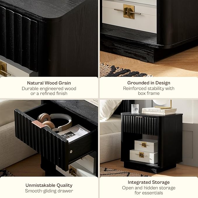mopio Brooklyn Fluted Nightstand, Modern Farmhouse Nightstand, Small Side, Wood Bedside Table with Drawer, End Table with Storage, Fluted Night Stand, Curved Profile (Black Oak, Set of 2)