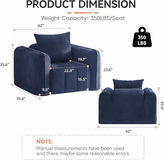 Oversized Boneless Corduroy Accent Chair, Comfy Deep Seat Armchair for Bedroom, Modern Upholstered Living Room Sofa Chair with Pillow, No Assembly, Navy