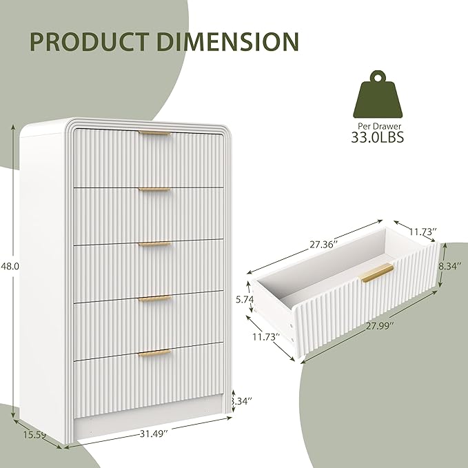 Fluted 5 Drawers Dresser, 48" Tall Modern Chest of Drawers with Round Edge & Metal Handle, Wood Drawer Organizer for Living Room, Bedroom, Entryway, Hallway (White)