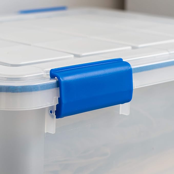 IRIS USA 26.5 Quart WEATHERPRO Plastic Storage Box with Durable Lid and Seal and Secure Latching Buckles, 3 Pack, Weathertight, Keep Pest Dust and Moisture Out, for Oversized Bulky Items, Clear/Blue