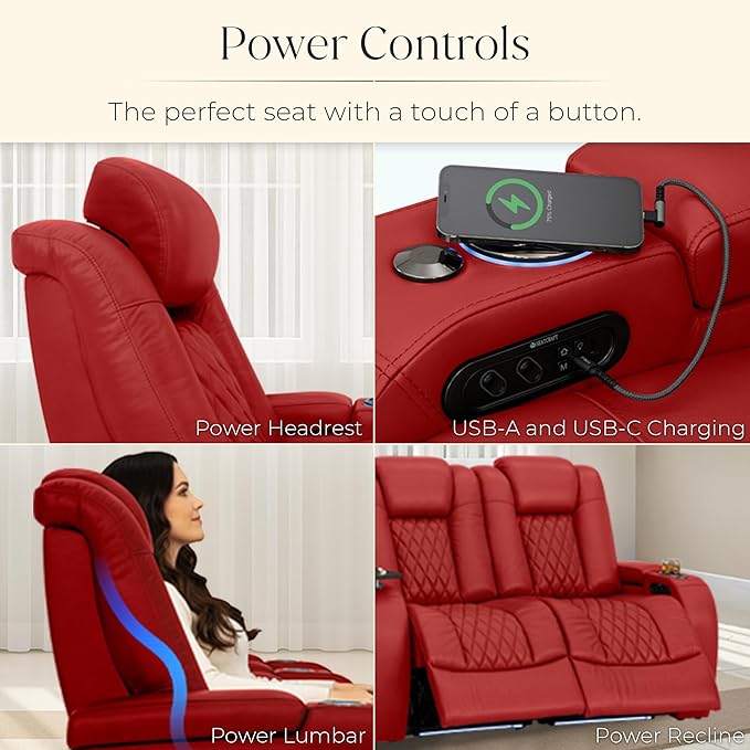 Seatcraft Diamante Zero-Gravity CoolZero Italian Leather Home Theater Seating, Power Headrest, Power Recline, Row of 3, Red