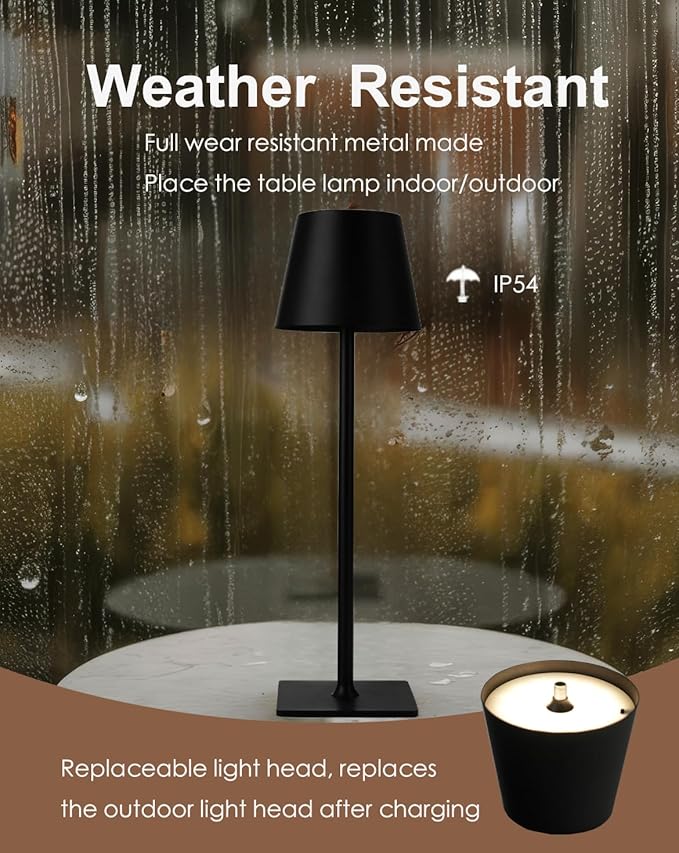 Cordless Table Lamp, Rechargeable Table Lamp with Touch Dimmable Control, Portable LED Desk Lamp for Indoor Patio (Black-Rectangle, 1)