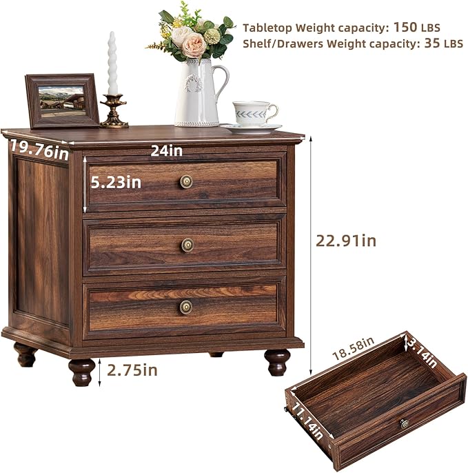 24" Wide Farmhouse Night Stand,Large End Table with 3 Drawers & Metal Handle,Dresser for Bedroom, Wood Bed Side Table Chest of Drawers Cabinet, Retro Brown Nightstand for Living Room,Closet