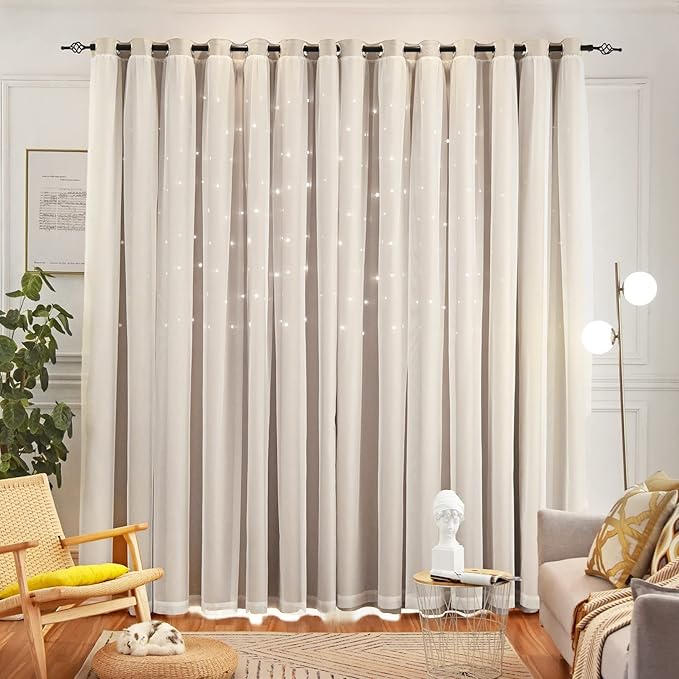 Star Double Layer Blackout Curtains for Bedroom Kids, Cute, 63 Inches Long 2 Panels Set, Beige, 42 X 63 Inches