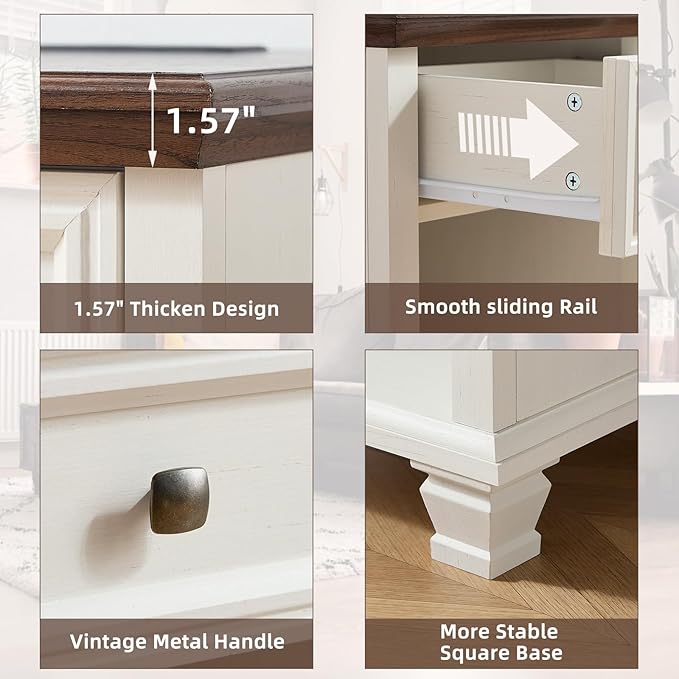 SAVOR LIFE Farmhouse End Tables Living Room with Drawer, Rustic Wood Nightstand with Charging Station, Bedside Table with Open Shelf for Bed Room, Living Room, White