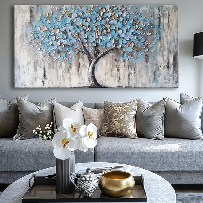 Blue Tree Canvas Wall Art - Modern Botanical Paintings for Living Room, Bedroom Wall Decor, Framed Wall Art for Home or Office Decoration, Large Wall Art 60x120cm(24x48in)