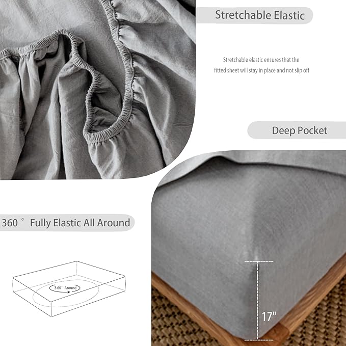 MooMee Fitted Bottom Sheet Only 100% Washed Cotton Linen Like Textured Breathable Durable Soft Comfy Deep Pocket Fits Mattress up to 17" (Ice Grey, King)