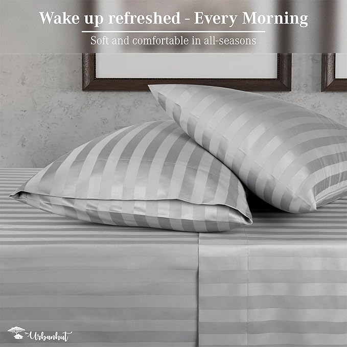 URBANHUT 800 Thread Count 100% Cotton Damask Queen Size Sheets, 4 Piece Striped Queen Size Bedsheets, Luxury Hotel Sheets Sateen Weave - Better Than Egyptian, 16" Elasticized Deep Pocket- Silver Grey
