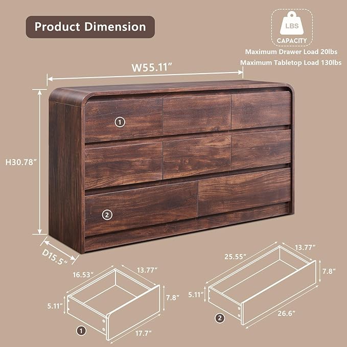 Modern 8 Drawers Dresser for Bedroom, 55" Wide Dressers & Chest of Drawers w/Curved Profile Design, Wood Mid Century Storage Dressers Organizer for Bedroom, Living Room, Brown